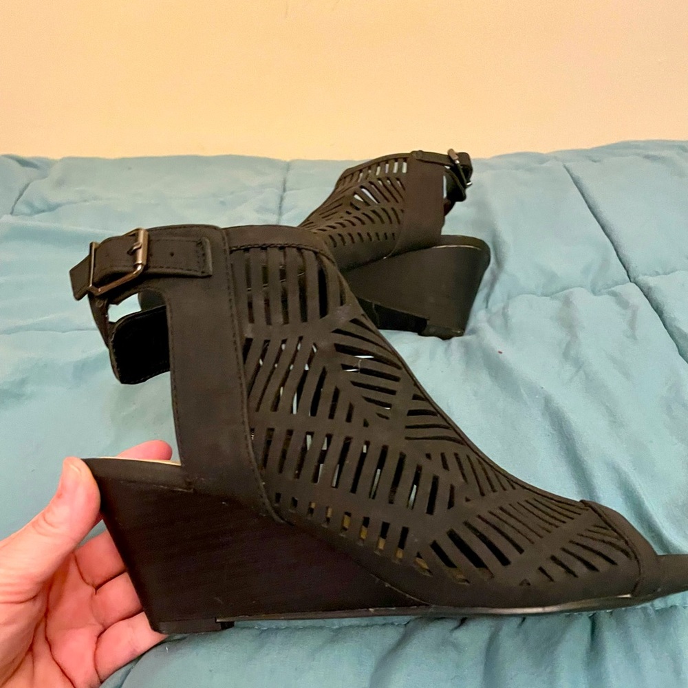 Cage Booties/Sandals. Ankle strap, open toe/back. Wedge heel